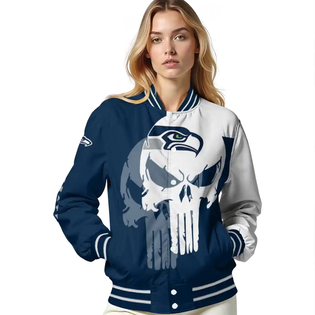 seattle seahawks skull outline blue white varsity jacket latest model seattle seahawks skull outline blue white varsity jacket latest model