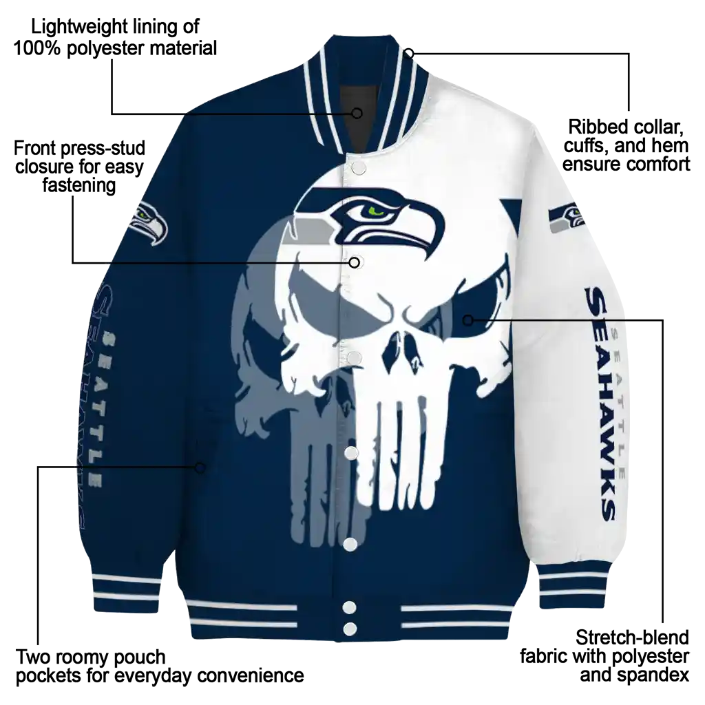 seattle seahawks skull outline blue white varsity jacket new arrival seattle seahawks skull outline blue white varsity jacket new arrival