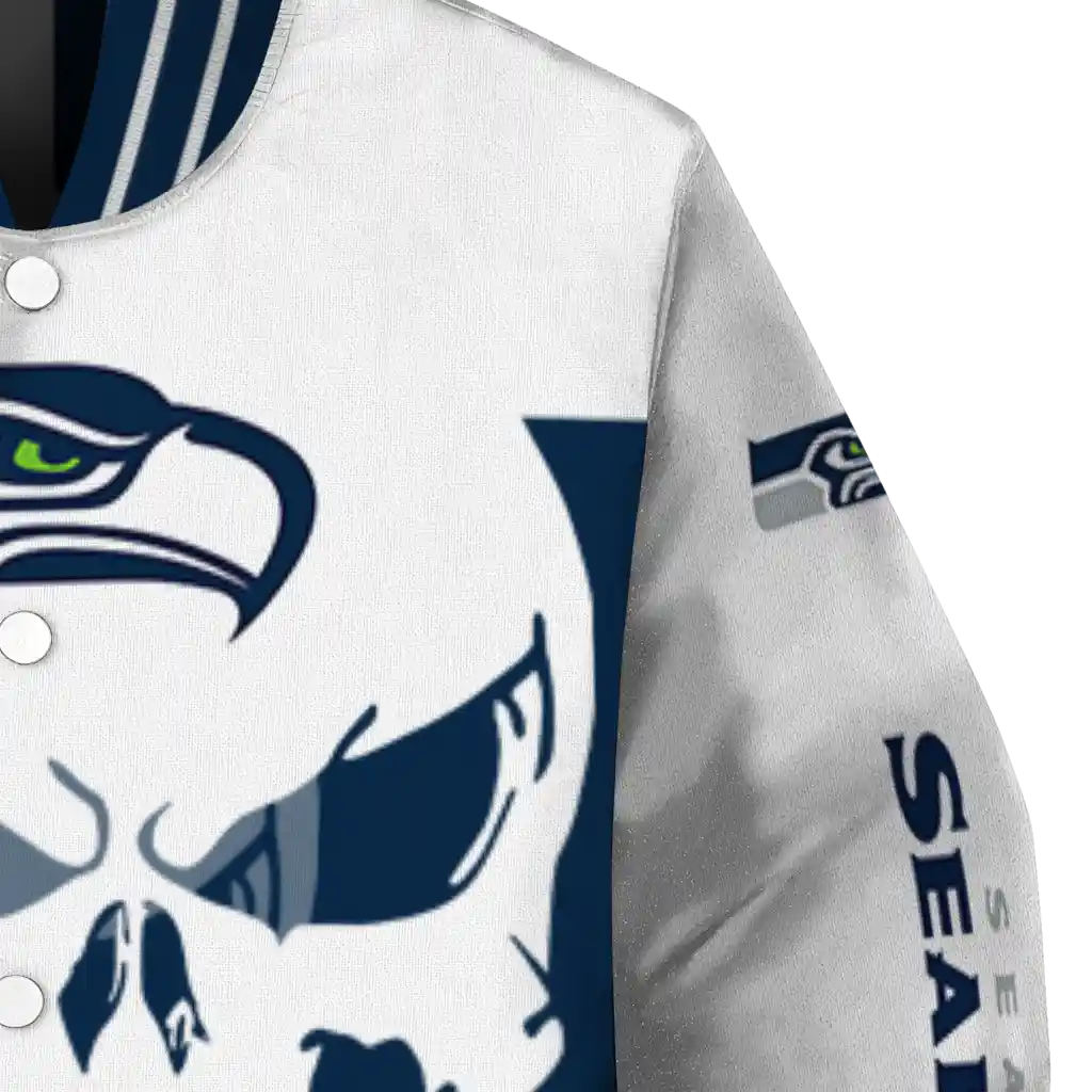 seattle seahawks skull outline blue white varsity jacket premium grade seattle seahawks skull outline blue white varsity jacket premium grade
