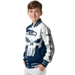 seattle seahawks skull outline blue white varsity jacket best selling