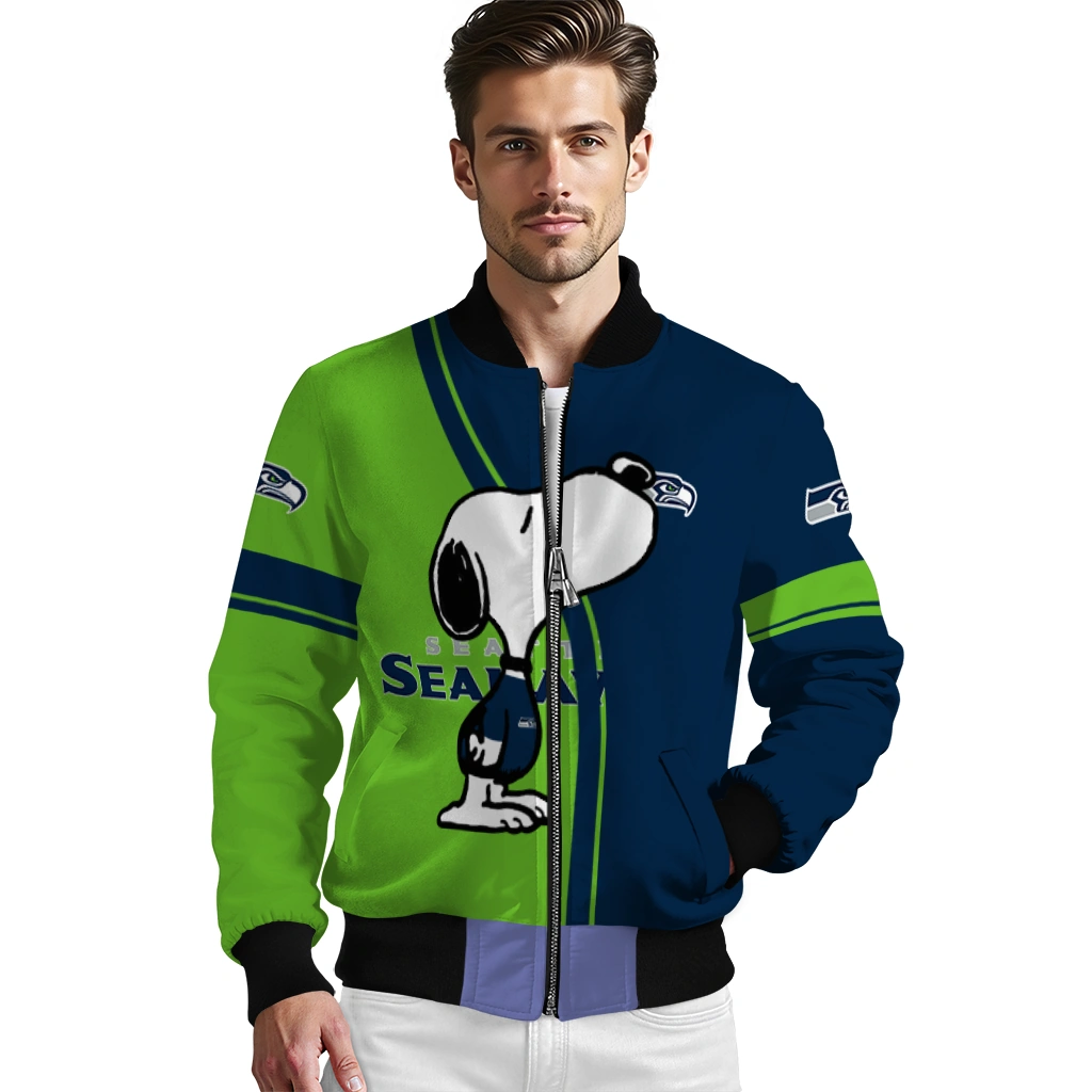 seattle seahawks snoopy attitude blue bomber jacket high quality seattle seahawks snoopy attitude blue bomber jacket high quality