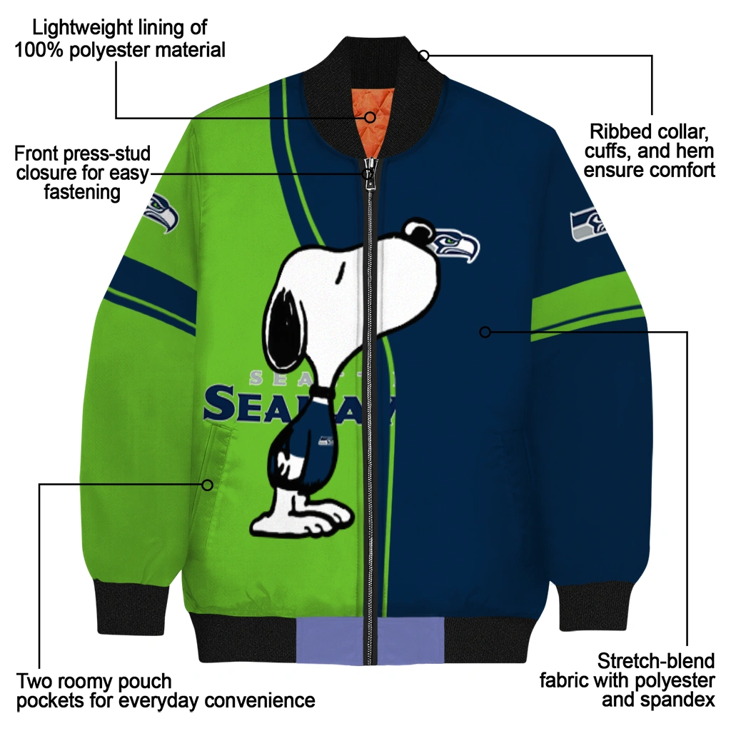 seattle seahawks snoopy attitude blue bomber jacket new arrival seattle seahawks snoopy attitude blue bomber jacket new arrival