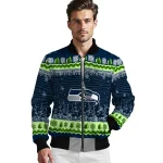 seattle seahawks snowy pines blue bomber jacket best selling