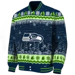 seattle seahawks snowy pines blue varsity jacket best selling