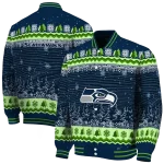 seattle seahawks snowy pines blue varsity jacket best selling