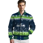 seattle seahawks snowy pines blue varsity jacket best selling