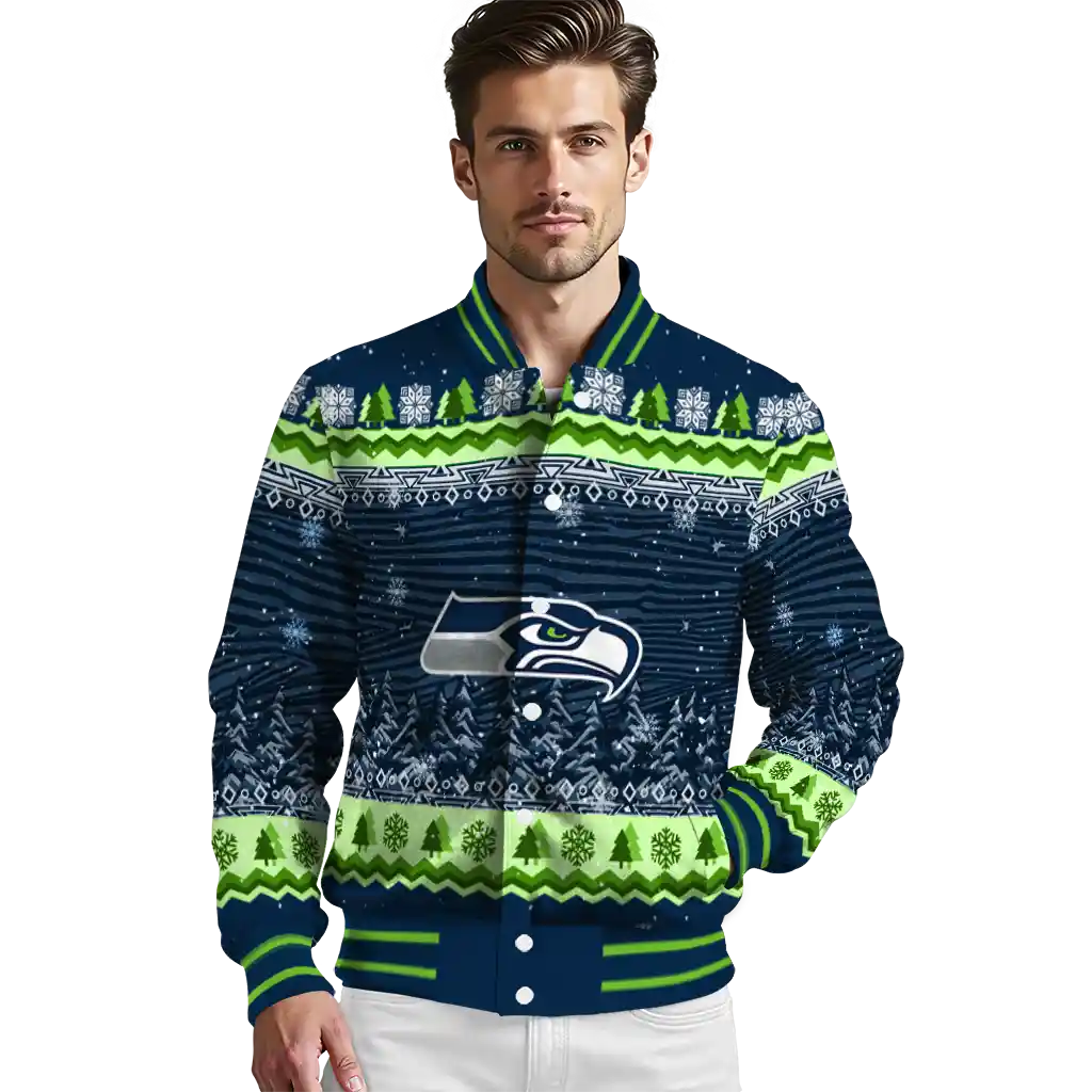 seattle seahawks snowy pines blue varsity jacket high quality seattle seahawks snowy pines blue varsity jacket high quality