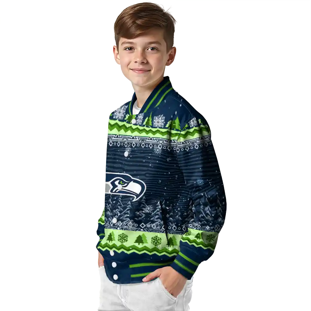 seattle seahawks snowy pines blue varsity jacket trendy seattle seahawks snowy pines blue varsity jacket trendy