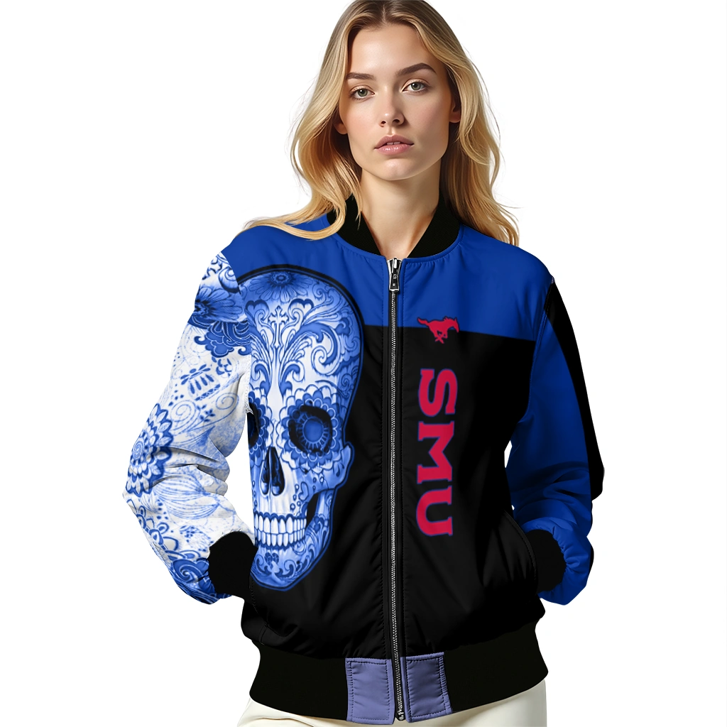 smu mustangs intricate skull blue black bomber jacket latest model smu mustangs intricate skull blue black bomber jacket latest model