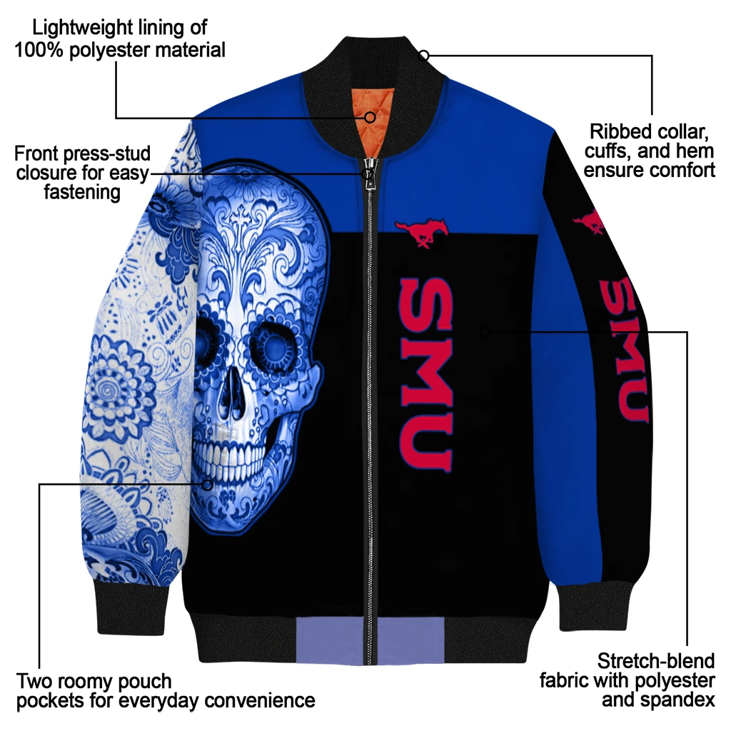 smu mustangs intricate skull blue black bomber jacket new arrival smu mustangs intricate skull blue black bomber jacket new arrival