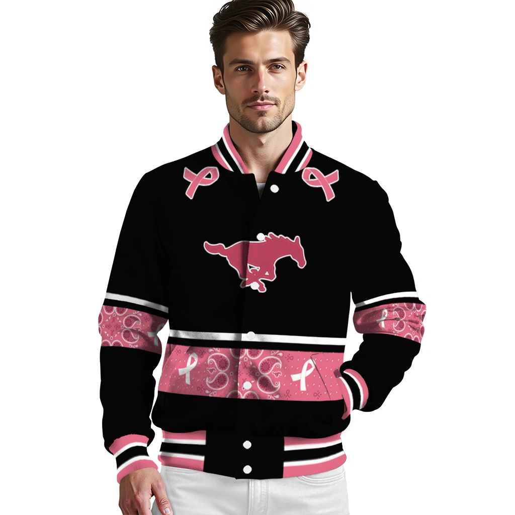 smu mustangs pink ribbon black pink varsity jacket high quality smu mustangs pink ribbon black pink varsity jacket high quality
