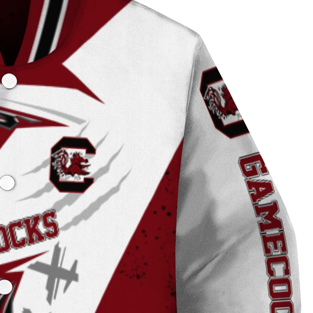 south carolina gamecocks ripped bolt garnet white varsity jacket premium grade south carolina gamecocks ripped bolt garnet white varsity jacket premium grade