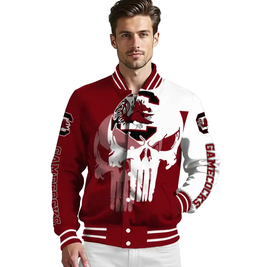 south carolina gamecocks skull outline garnet white varsity jacket high quality south carolina gamecocks skull outline garnet white varsity jacket high quality