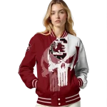 south carolina gamecocks skull outline garnet white varsity jacket best selling