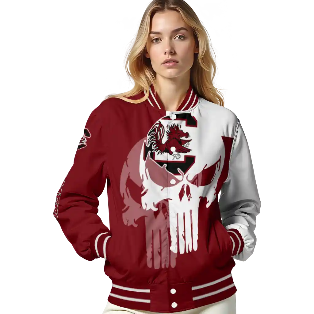 south carolina gamecocks skull outline garnet white varsity jacket latest model south carolina gamecocks skull outline garnet white varsity jacket latest model