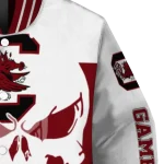 south carolina gamecocks skull outline garnet white varsity jacket best selling