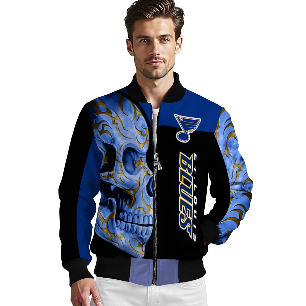 st louis blues fire skull blue black bomber jacket high quality st louis blues fire skull blue black bomber jacket high quality