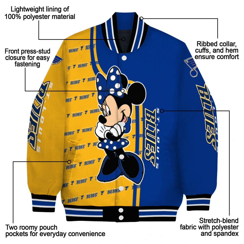 st louis blues minnie mouse blue varsity jacket new arrival st louis blues minnie mouse blue varsity jacket new arrival