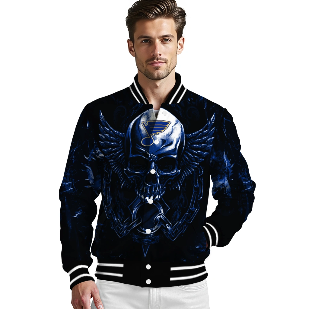 st louis blues skull bite blue black varsity jacket high quality st louis blues skull bite blue black varsity jacket high quality