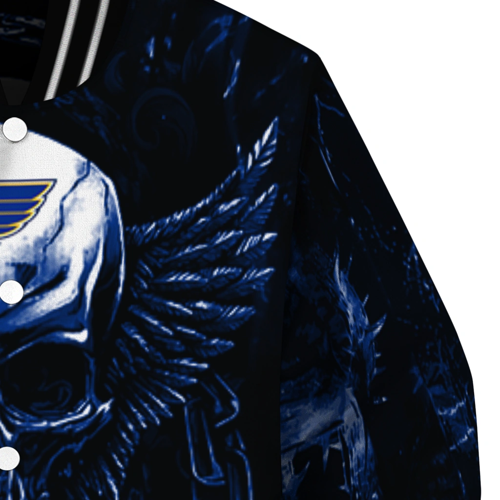 st louis blues skull bite blue black varsity jacket premium grade st louis blues skull bite blue black varsity jacket premium grade
