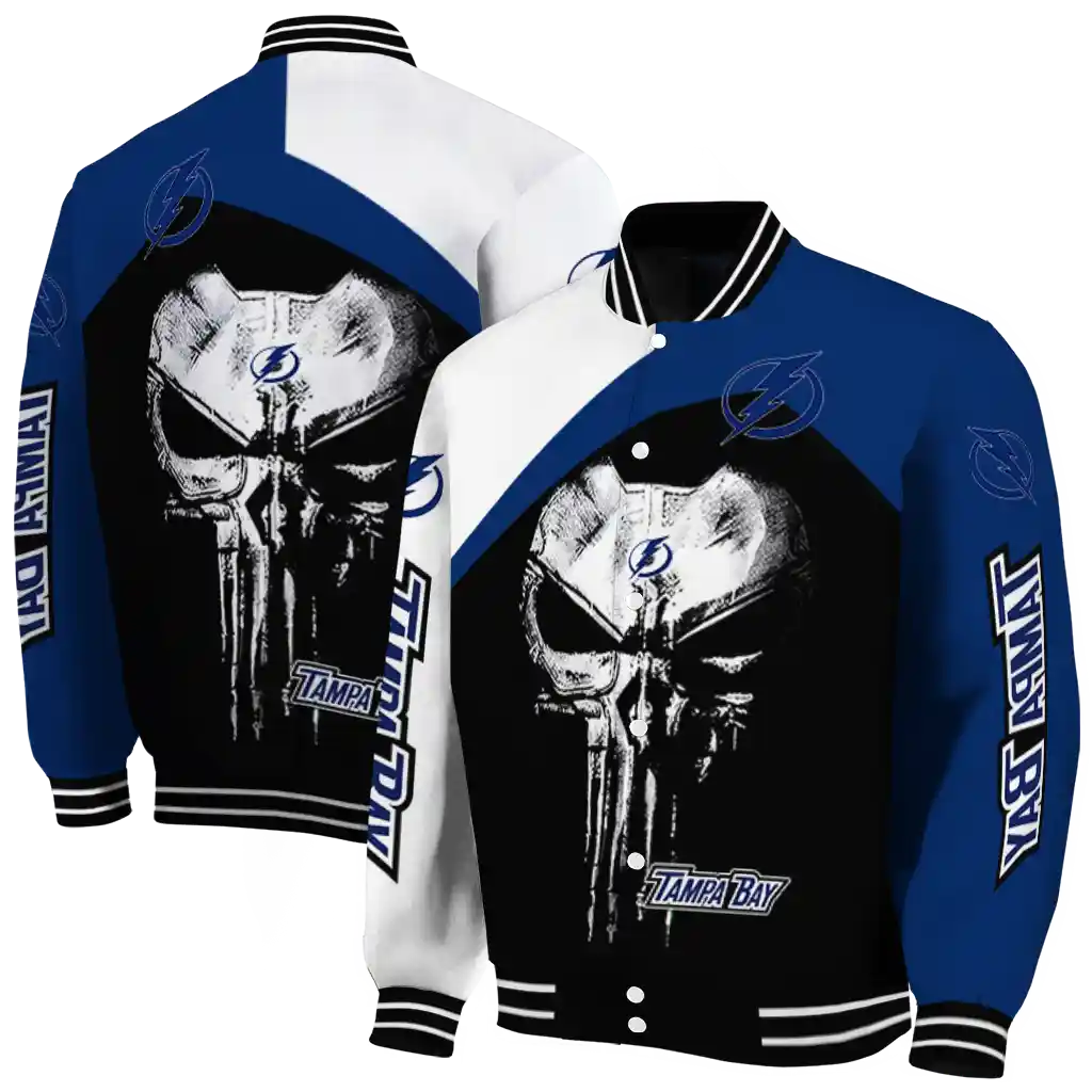 tampa bay lightning edgy mask blue black varsity jacket fashion forward tampa bay lightning edgy mask blue black varsity jacket fashion forward