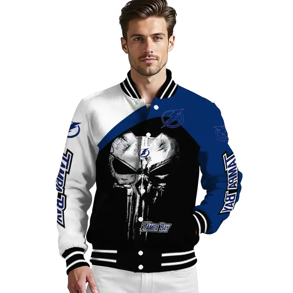 tampa bay lightning edgy mask blue black varsity jacket high quality tampa bay lightning edgy mask blue black varsity jacket high quality