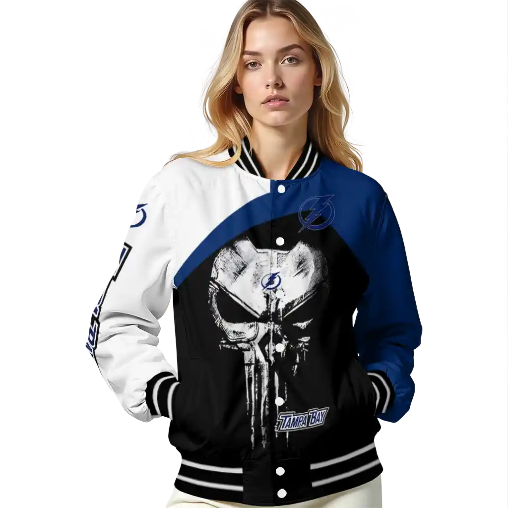tampa bay lightning edgy mask blue black varsity jacket latest model tampa bay lightning edgy mask blue black varsity jacket latest model