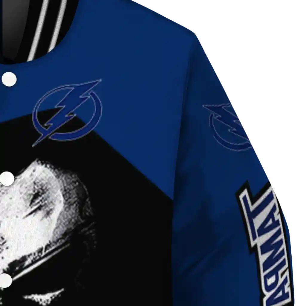 tampa bay lightning edgy mask blue black varsity jacket premium grade tampa bay lightning edgy mask blue black varsity jacket premium grade
