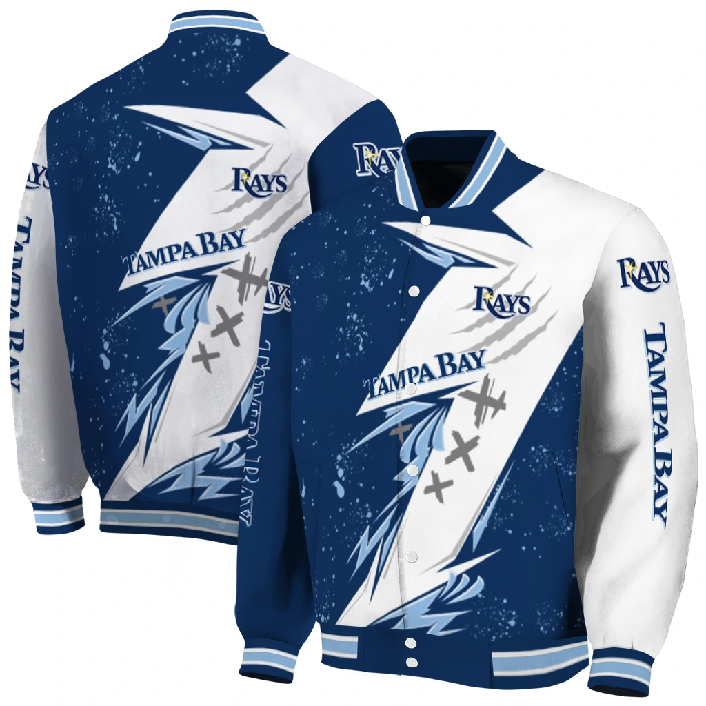 tampa bay rays ripped bolt navy white varsity jacket fashion forward tampa bay rays ripped bolt navy white varsity jacket fashion forward
