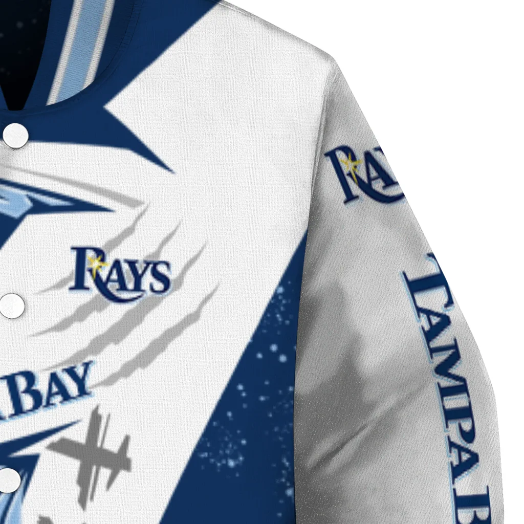 tampa bay rays ripped bolt navy white varsity jacket premium grade tampa bay rays ripped bolt navy white varsity jacket premium grade