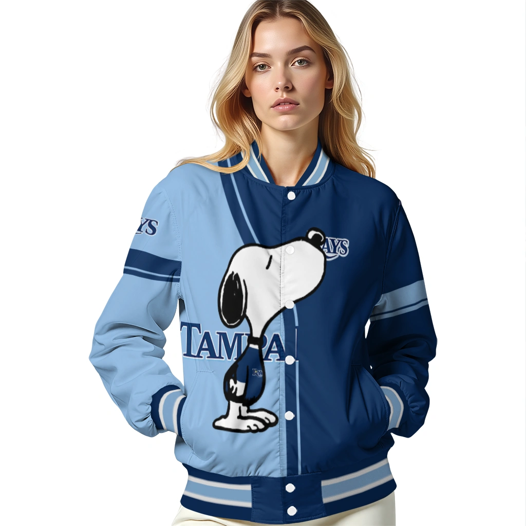 tampa bay rays snoopy attitude navy varsity jacket latest model tampa bay rays snoopy attitude navy varsity jacket latest model