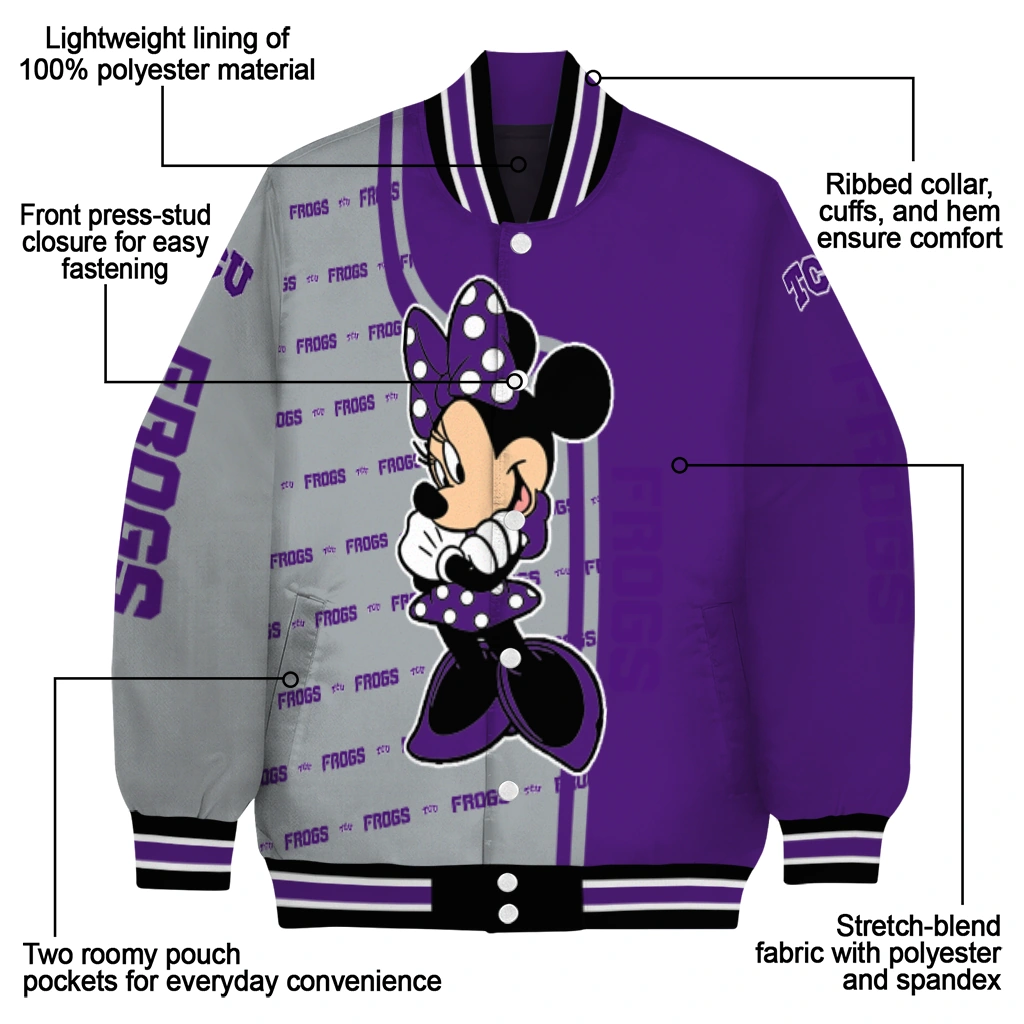 tcu horned frogs minnie mouse purple varsity jacket new arrival tcu horned frogs minnie mouse purple varsity jacket new arrival