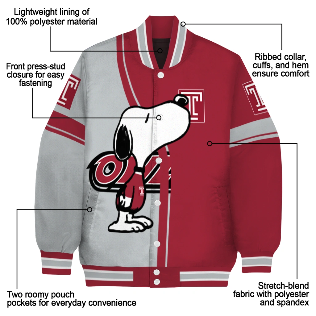 temple owls snoopy attitude red varsity jacket new arrival temple owls snoopy attitude red varsity jacket new arrival