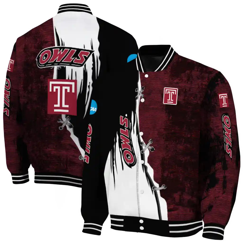 temple owls torn texture print red black varsity jacket fashion forward temple owls torn texture print red black varsity jacket fashion forward