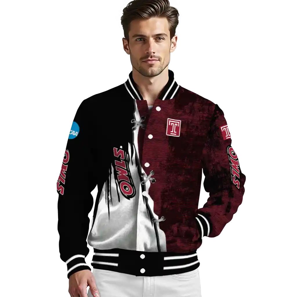 temple owls torn texture print red black varsity jacket high quality temple owls torn texture print red black varsity jacket high quality