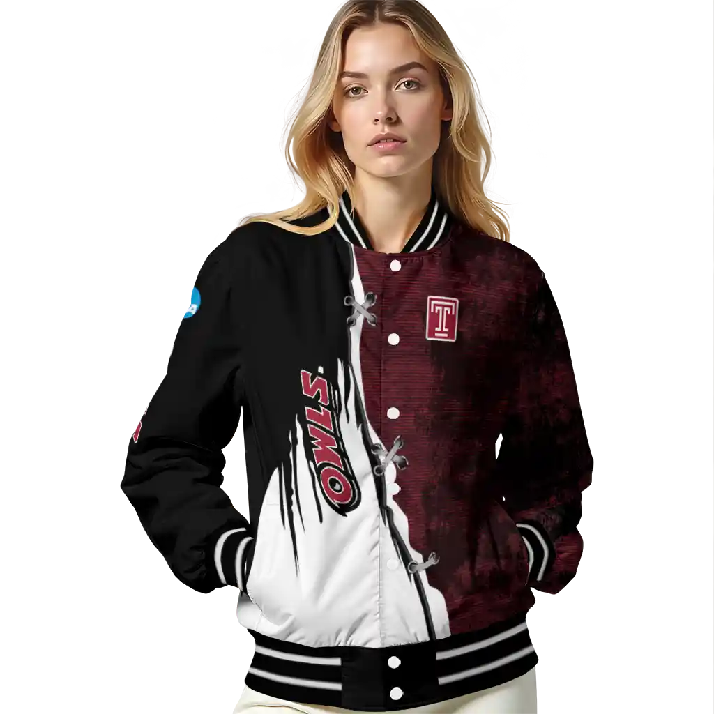 temple owls torn texture print red black varsity jacket latest model temple owls torn texture print red black varsity jacket latest model