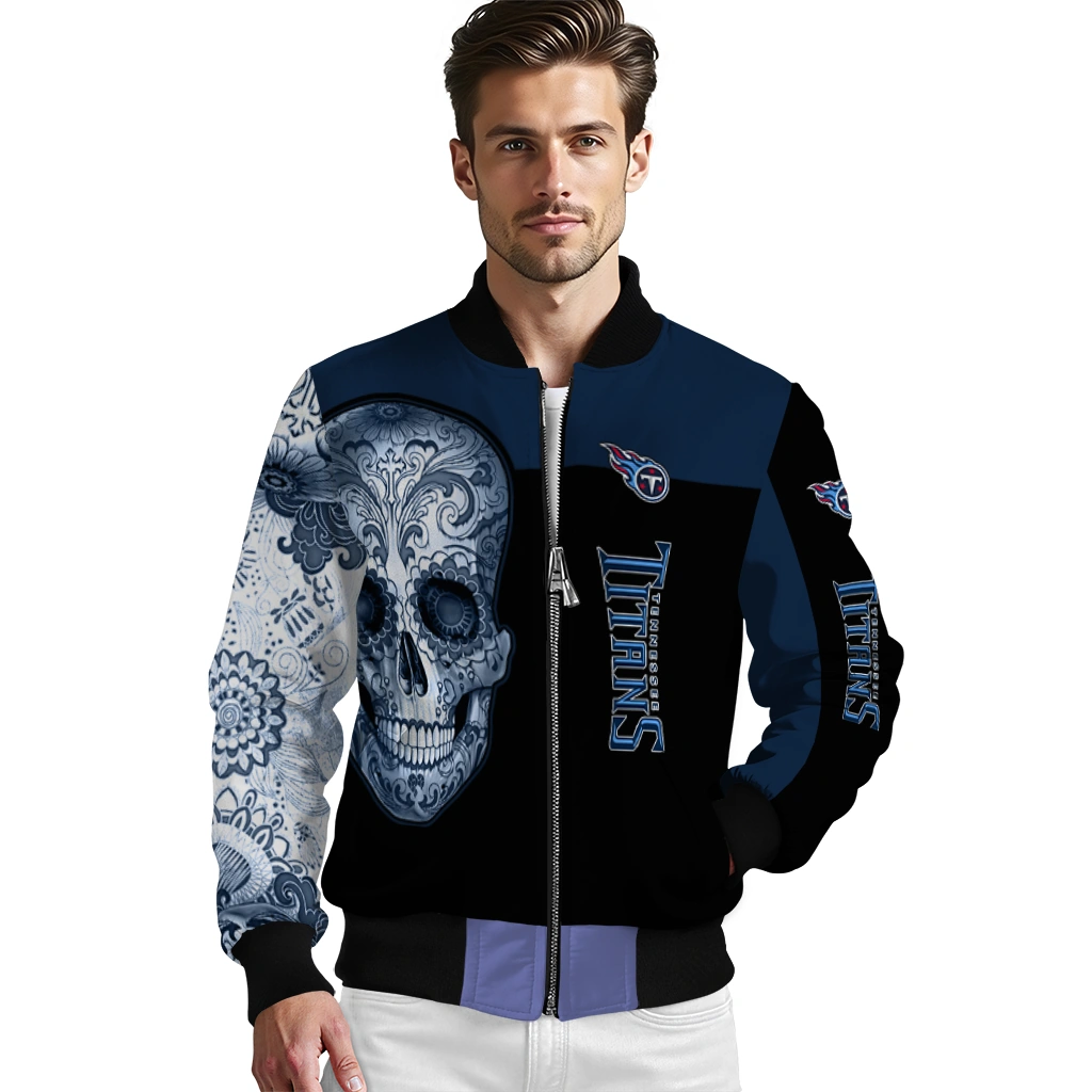 tennessee titans intricate skull navy black bomber jacket high quality tennessee titans intricate skull navy black bomber jacket high quality
