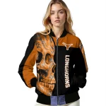 texas longhorns fire skull orange black bomber jacket best selling