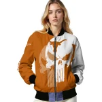 texas longhorns skull outline orange white bomber jacket best selling