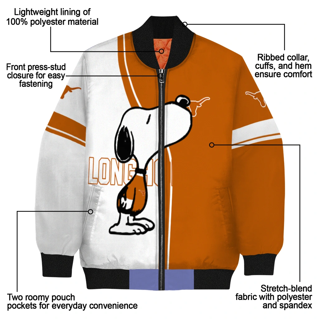 texas longhorns snoopy attitude orange bomber jacket new arrival texas longhorns snoopy attitude orange bomber jacket new arrival