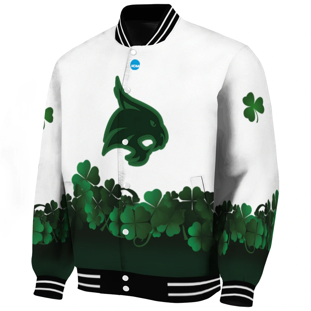 texas state bobcats clovers pattern white green varsity jacket best selling texas state bobcats clovers pattern white green varsity jacket best selling