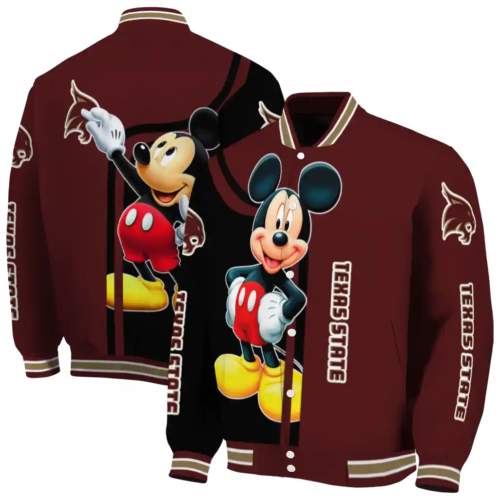 texas state bobcats mickey mouse maroon varsity jacket fashion forward texas state bobcats mickey mouse maroon varsity jacket fashion forward