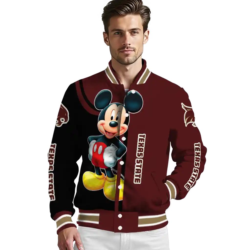 texas state bobcats mickey mouse maroon varsity jacket high quality texas state bobcats mickey mouse maroon varsity jacket high quality