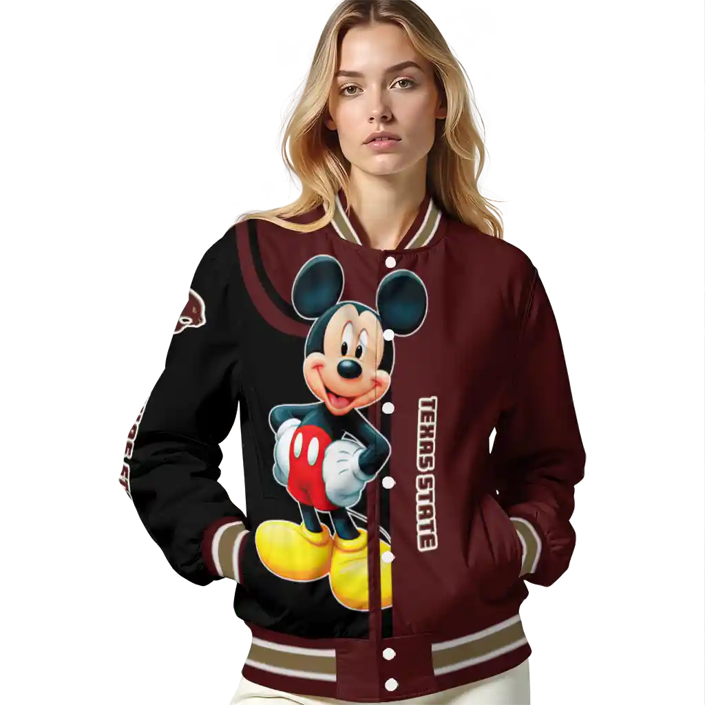 texas state bobcats mickey mouse maroon varsity jacket latest model texas state bobcats mickey mouse maroon varsity jacket latest model