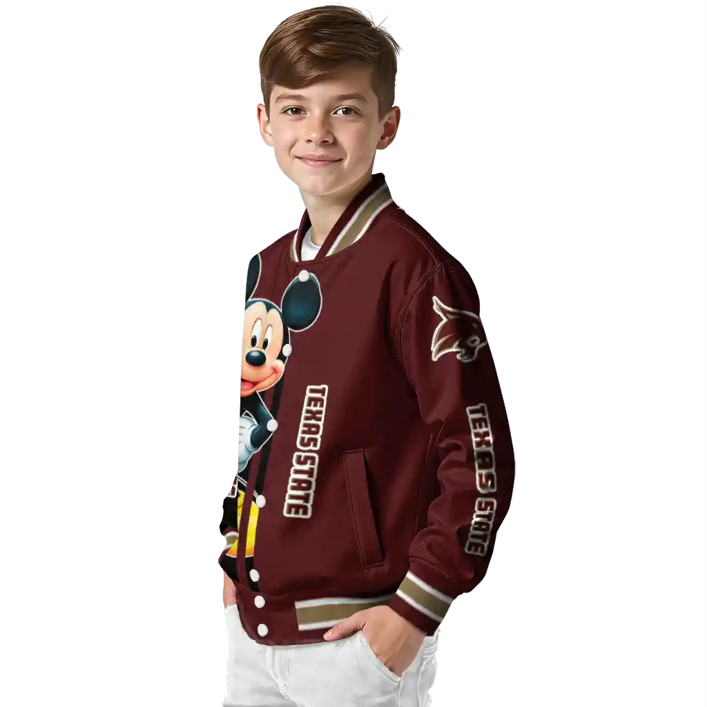 texas state bobcats mickey mouse maroon varsity jacket trendy texas state bobcats mickey mouse maroon varsity jacket trendy