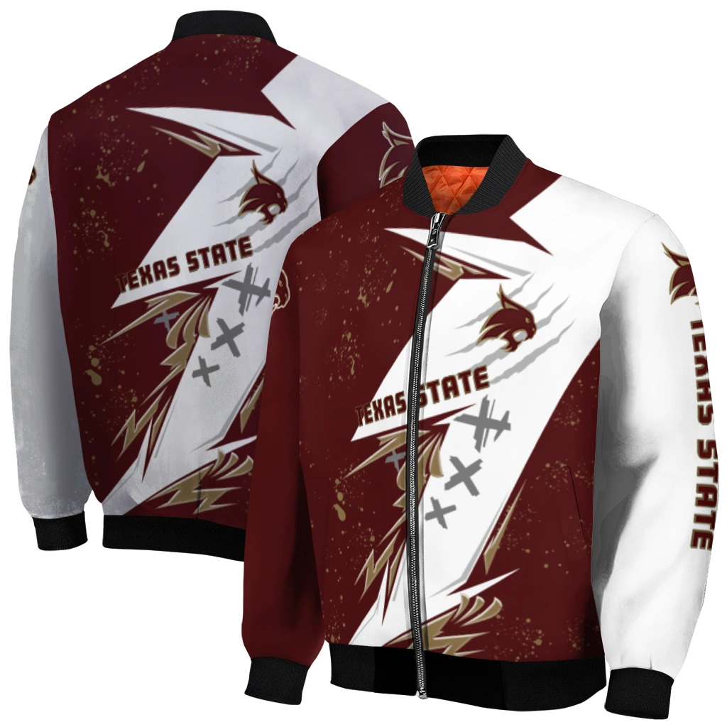 texas state bobcats ripped bolt maroon white bomber jacket best selling texas state bobcats ripped bolt maroon white bomber jacket best selling