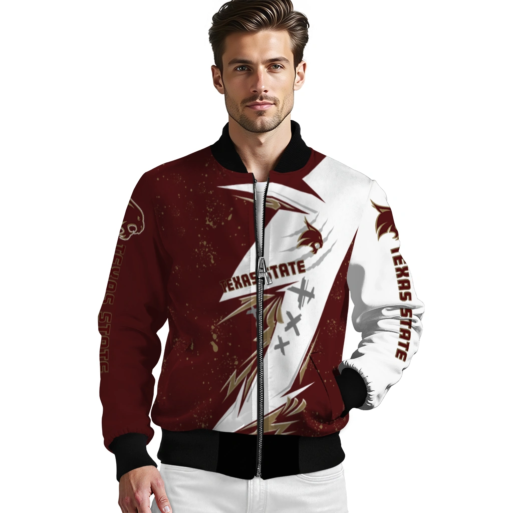 texas state bobcats ripped bolt maroon white bomber jacket high quality texas state bobcats ripped bolt maroon white bomber jacket high quality