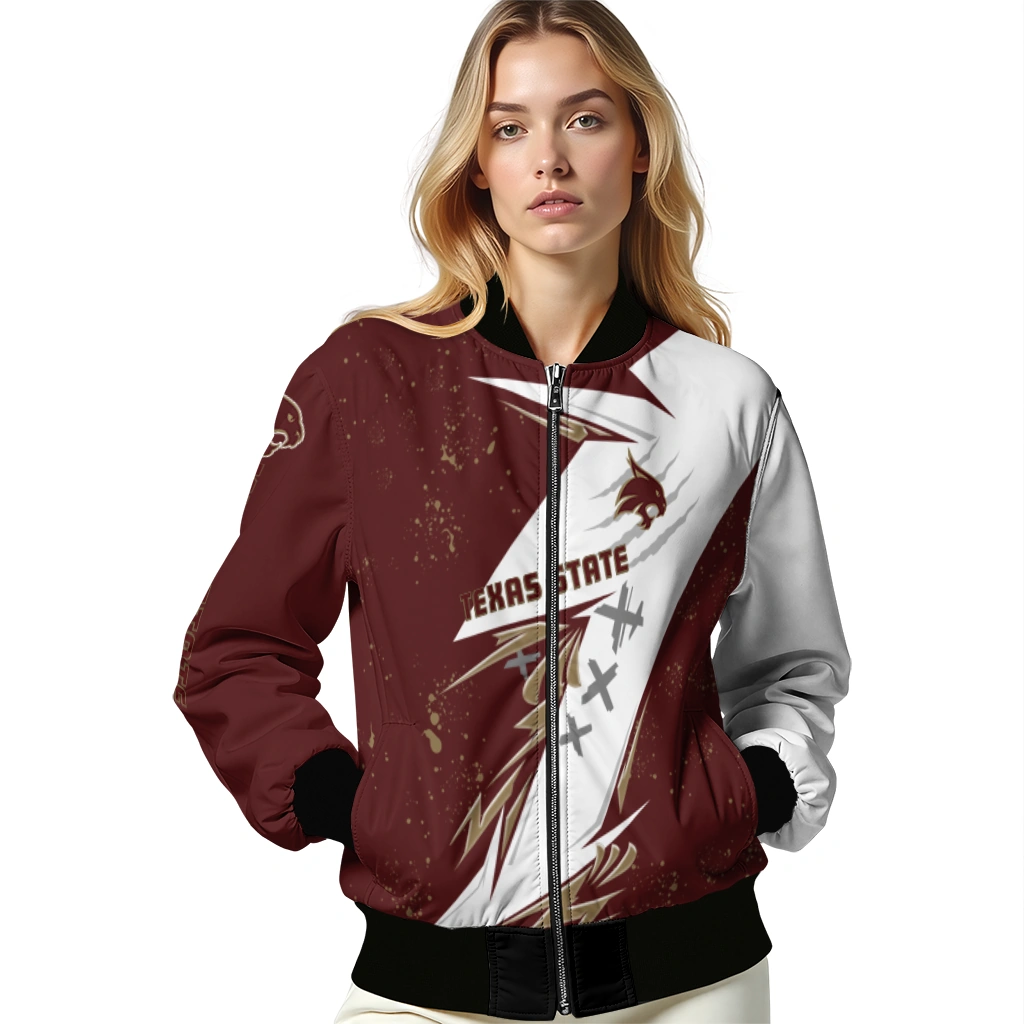 texas state bobcats ripped bolt maroon white bomber jacket latest model texas state bobcats ripped bolt maroon white bomber jacket latest model