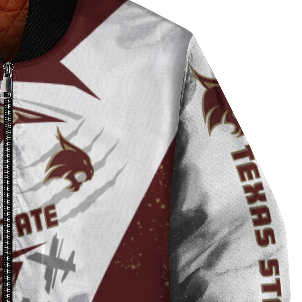 texas state bobcats ripped bolt maroon white bomber jacket premium grade texas state bobcats ripped bolt maroon white bomber jacket premium grade