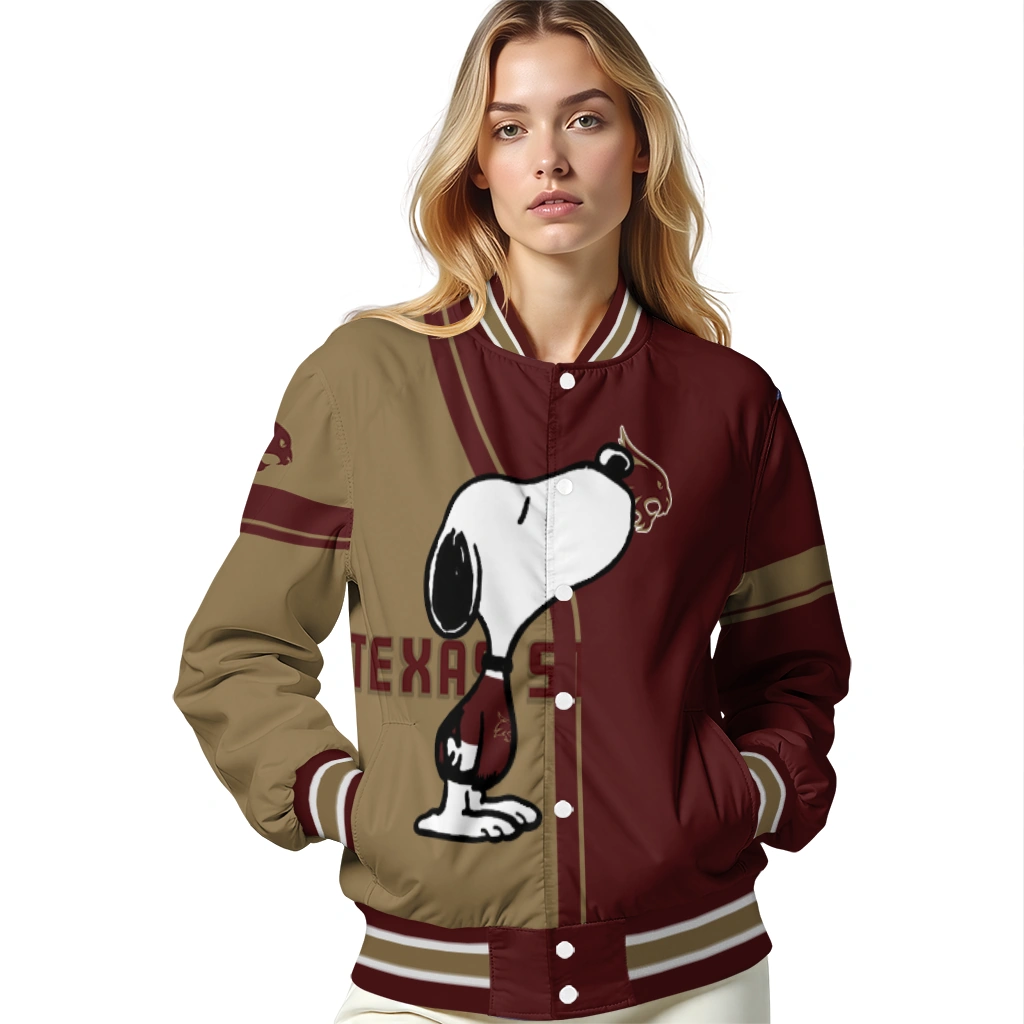 texas state bobcats snoopy attitude maroon varsity jacket latest model texas state bobcats snoopy attitude maroon varsity jacket latest model